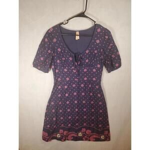 Maeve Anthropologie Blue Pink Polka Dot Floral Print Retro Shirt Dress Size 8